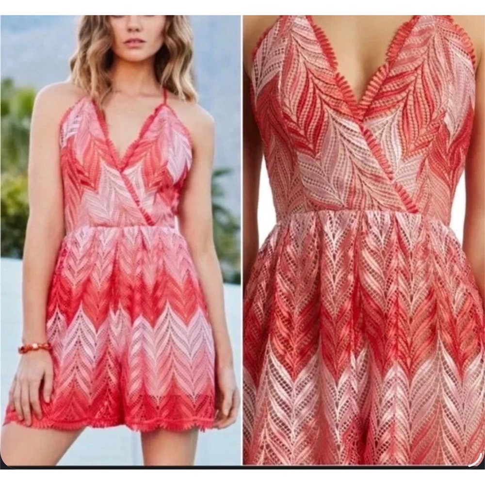 Dress the Population Brigitte romper featuring a red and pink chevron lace Sz XL